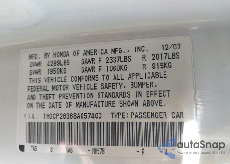 2008 Honda Accord 2.4 Lx from USA, damaged, VIN 1HGCP26368A057400